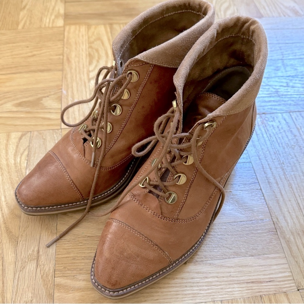 Cute lace-up tan booties with 1.5” heel, in flawless shape, minimal wear